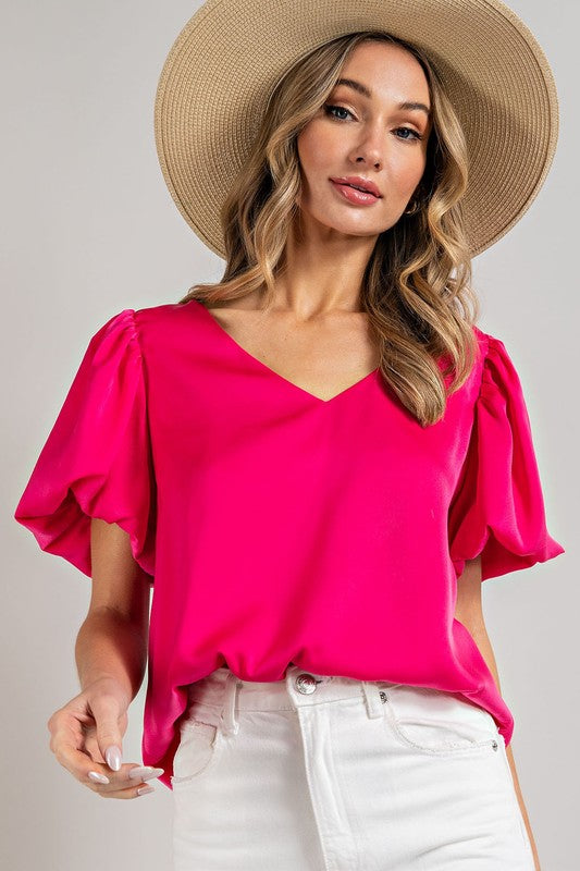 V-Neck Puff Sleeve Blouse Top, Various