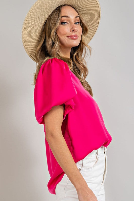 V-Neck Puff Sleeve Blouse Top, Various