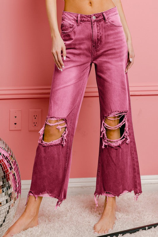 Distressed Washed Wide Leg Pants, Various