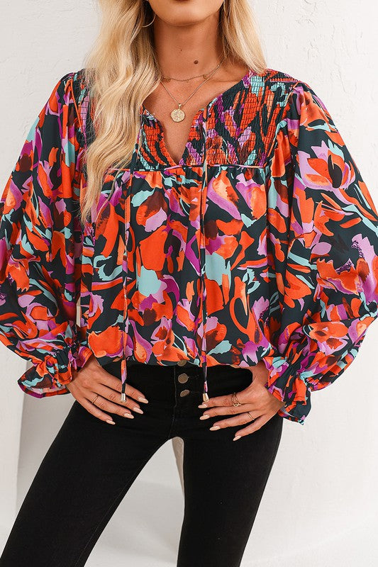 Red Abstract Floral Shirred Puff Sleeve Blouse