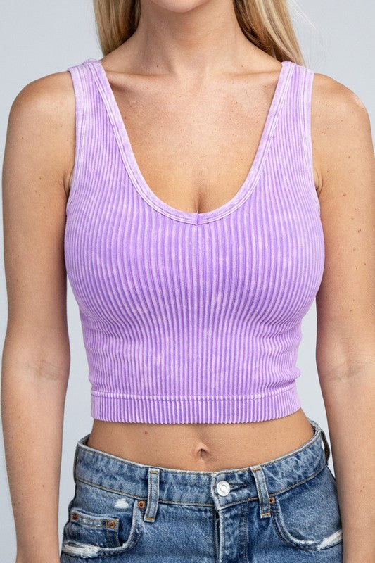 2-Way Neckline Washed Ribbed Cropped Tank Top, Various