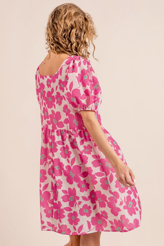 Printed Square Neck Puff Sleeve Dress
