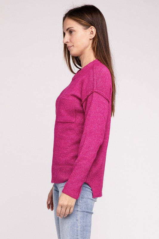 Melange Hi-Low hem Round Neck Sweater, Various