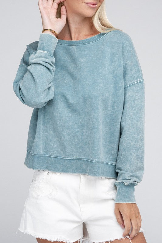 French Terry Acid Wash Boat Neck Pullover Sweatshirts