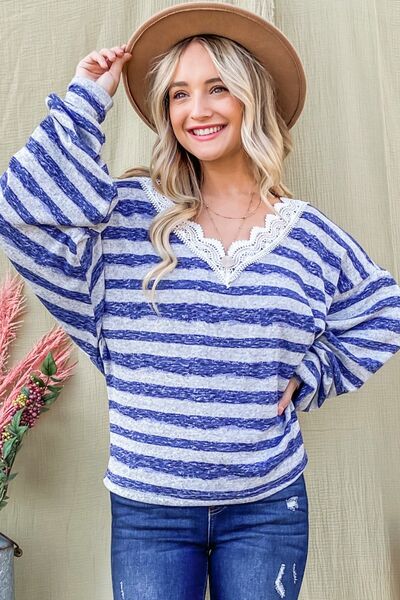 Why Striped Lace Detail V Neck Top