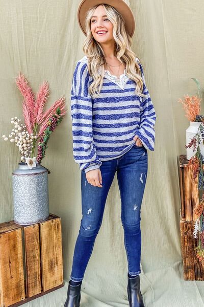 Why Striped Lace Detail V Neck Top