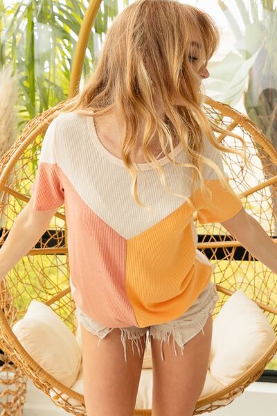 Round Neck Color Block Short Sleeve Top