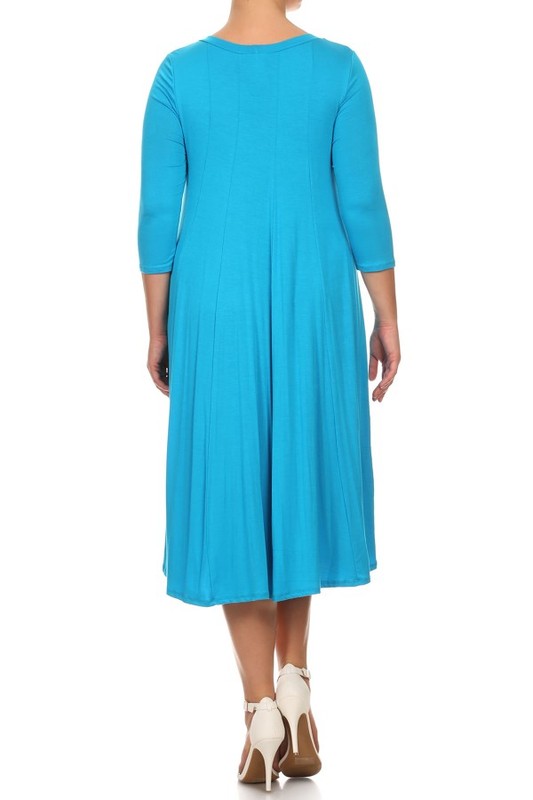 Curvy Solid, 3/4 Sleeve Midi Dress