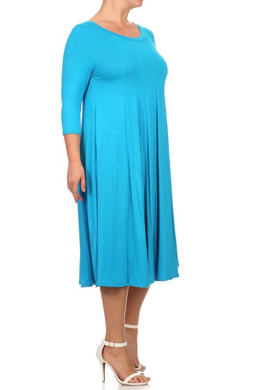 Curvy Solid, 3/4 Sleeve Midi Dress