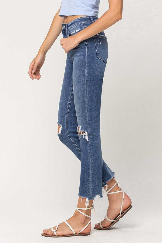 Risen Slightly Distressed Frayed Hem Straight Leg Jeans