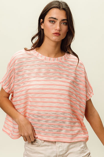 Braid Striped Short Sleeve Round Neck Top