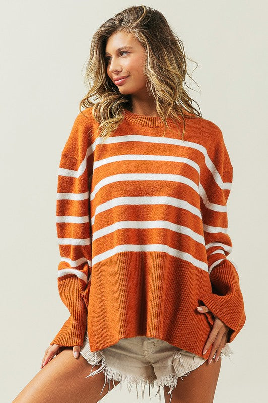 Ribbed Hem Stripe Sweater, Various Colors