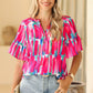 Abstract Brushwork Print Buttoned V Neck Blouse