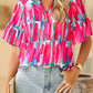 Abstract Brushwork Print Buttoned V Neck Blouse