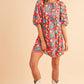 Floral Tie Split Neck Bubble Sleeve Babydoll Dress