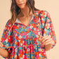 Floral Tie Split Neck Bubble Sleeve Babydoll Dress