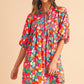 Floral Tie Split Neck Bubble Sleeve Babydoll Dress