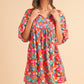 Floral Tie Split Neck Bubble Sleeve Babydoll Dress