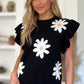 Ruffled Flower Round Neck Cap Sleeve Sweater