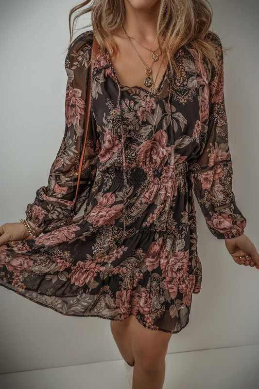 Printed Tie Neck Long Sleeve Dress