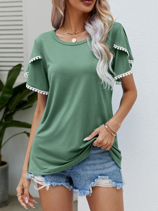 Pom-Pom Trim Flutter Sleeve Round Neck Top