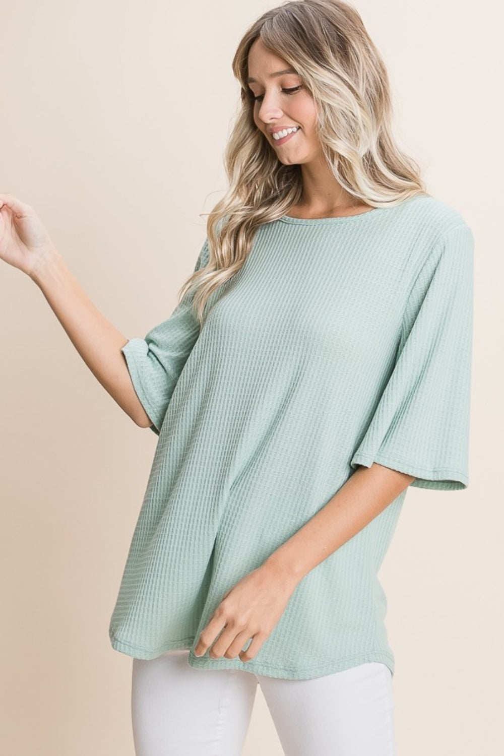 Round Neck Waffle Knit Top