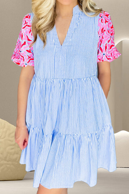 Embroidered Striped Notched Short Sleeve Dress