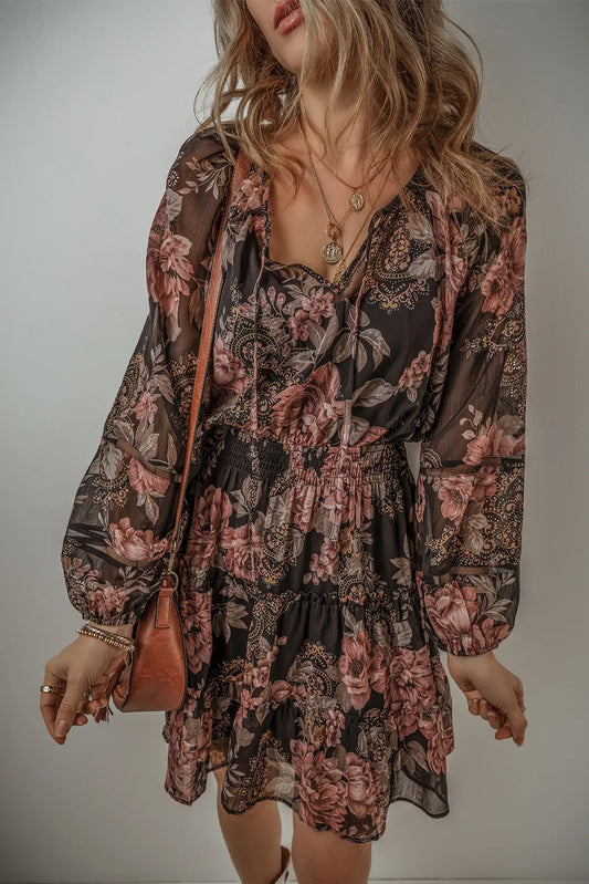 Printed Tie Neck Long Sleeve Dress