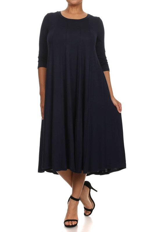 Curvy Solid, 3/4 Sleeve Midi Dress