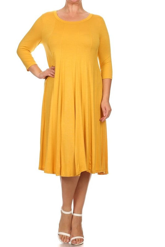 Curvy Solid, 3/4 Sleeve Midi Dress