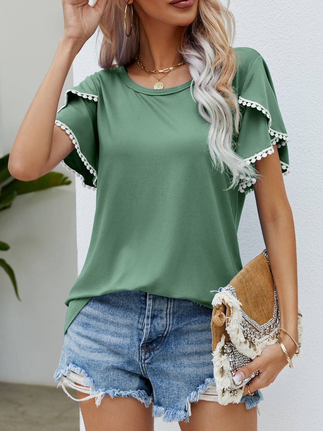 Pom-Pom Trim Flutter Sleeve Round Neck Top