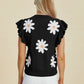 Ruffled Flower Round Neck Cap Sleeve Sweater