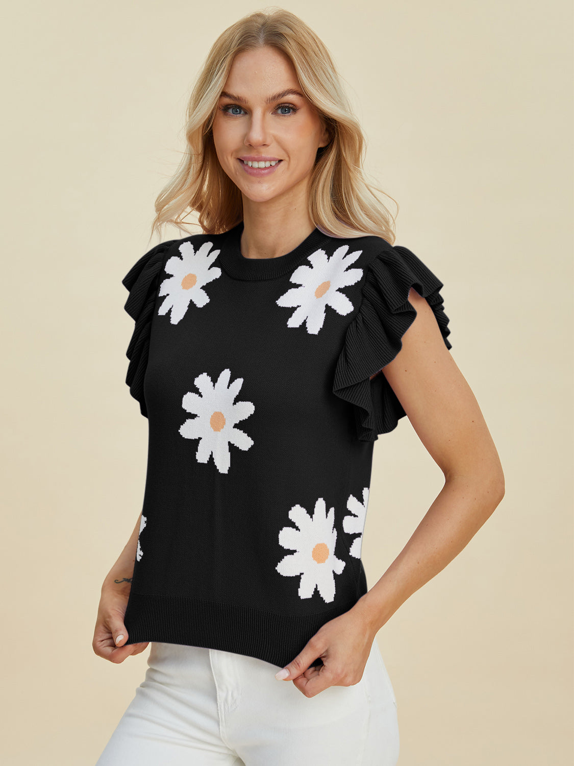 Ruffled Flower Round Neck Cap Sleeve Sweater