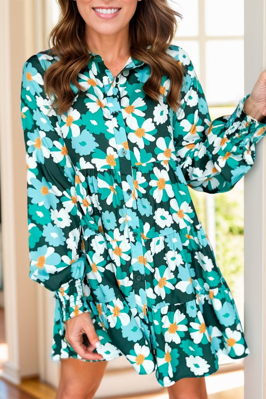 Printed Collared Neck Lantern Sleeve Dress