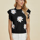 Ruffled Flower Round Neck Cap Sleeve Sweater