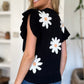 Ruffled Flower Round Neck Cap Sleeve Sweater