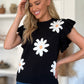 Ruffled Flower Round Neck Cap Sleeve Sweater